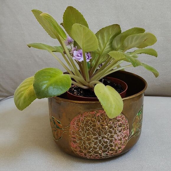 Hand Carved and Hand Painted Round Brass Cache Pot - Picture 7 of 8